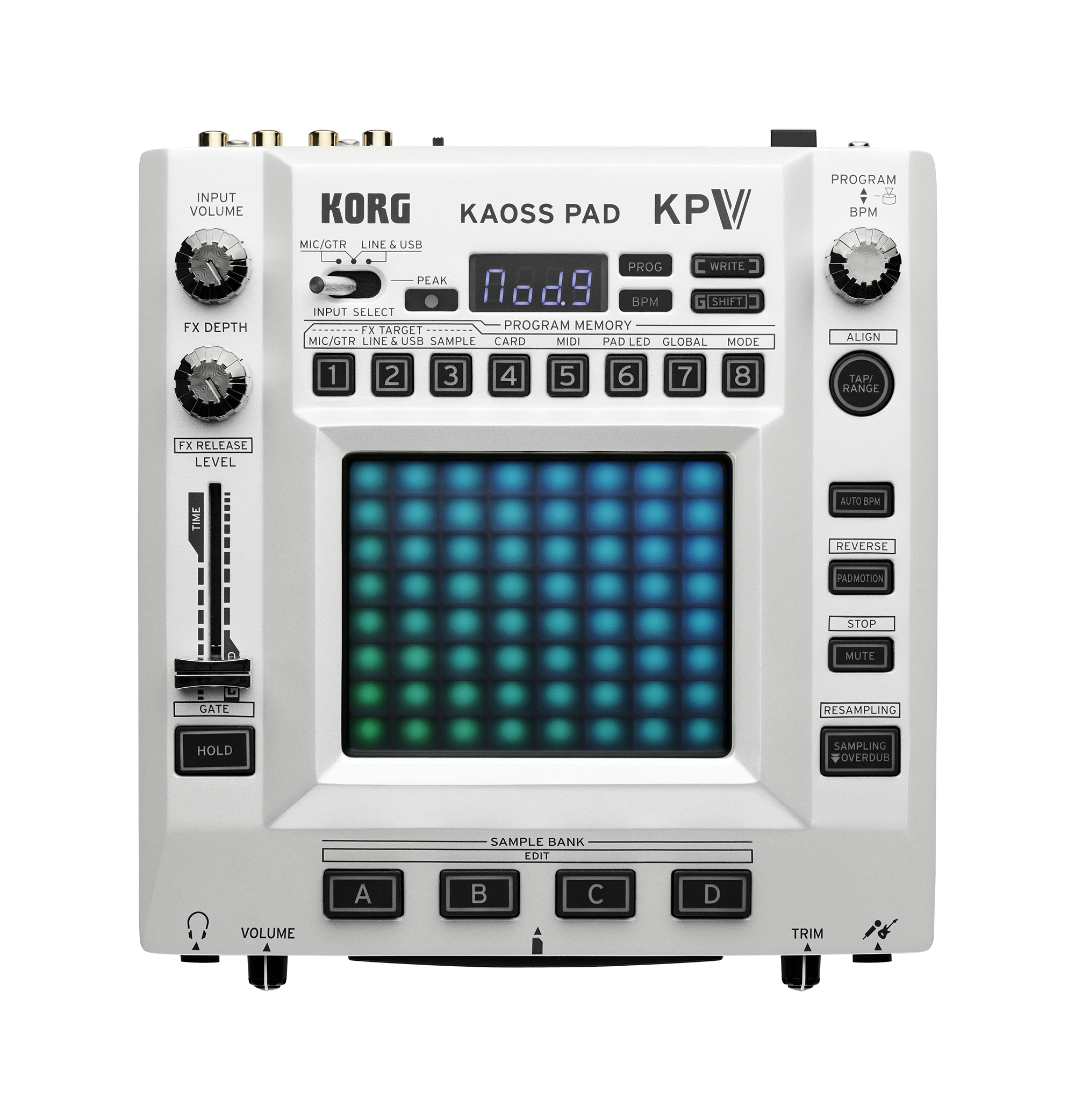 Top view of a Korg Kaoss Pad KP V MIDI controller with various knobs, buttons, a lit-up touchpad, and input/output jacks.