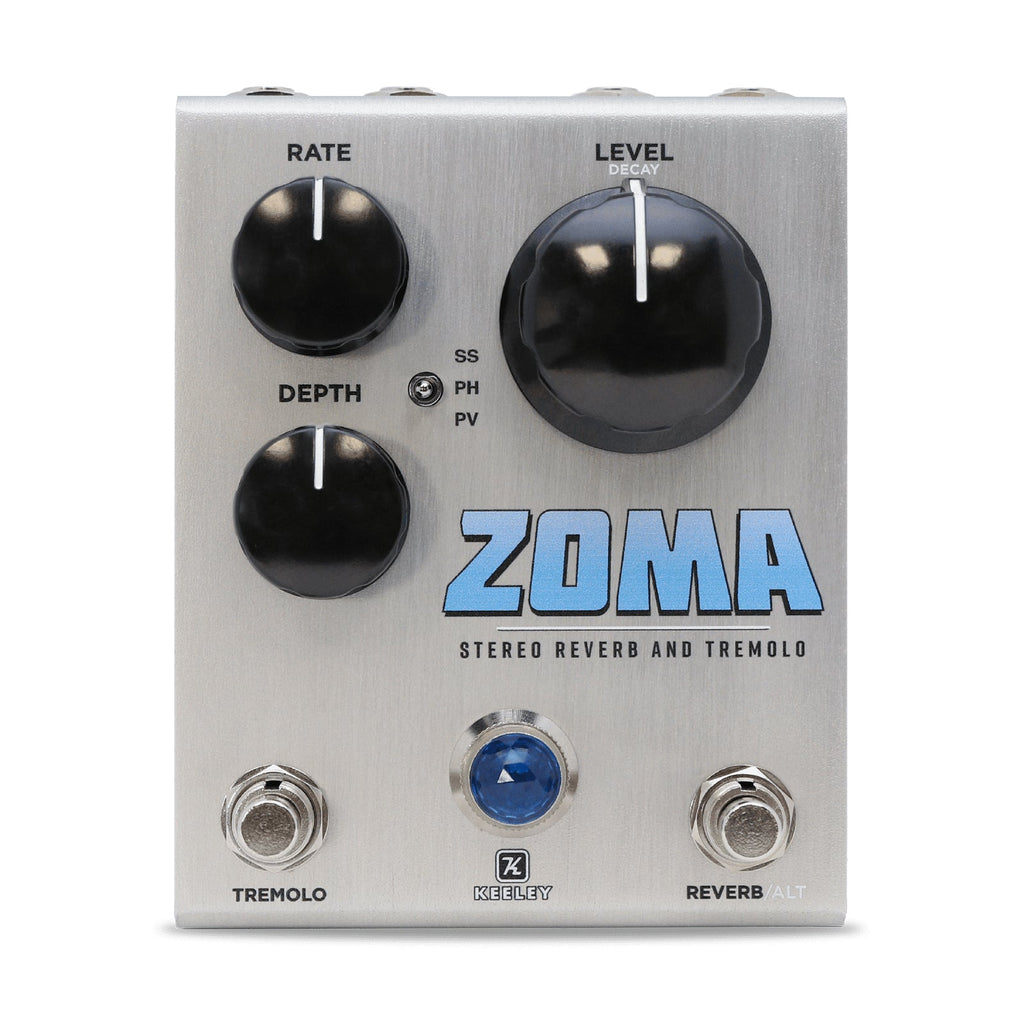 Silver guitar effects pedal with three knobs, toggle switch, two footswitches, and blue LED labeled ZOMA stereo reverb and tremolo.