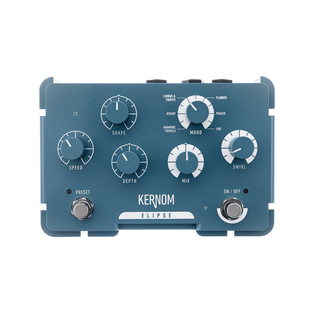 Blue guitar effects pedal with knobs labeled shape, mood, speed, depth, mix, swirl, and two footswitches.