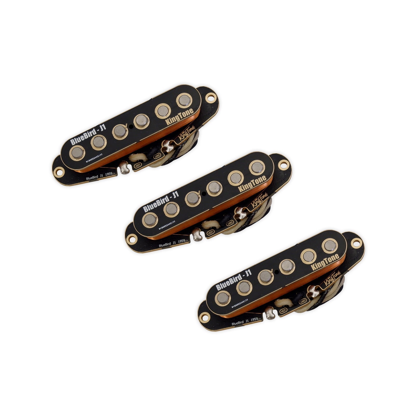 Three black guitar pickup coils with copper wire and labels including BlueBird - J1 and KingTone.