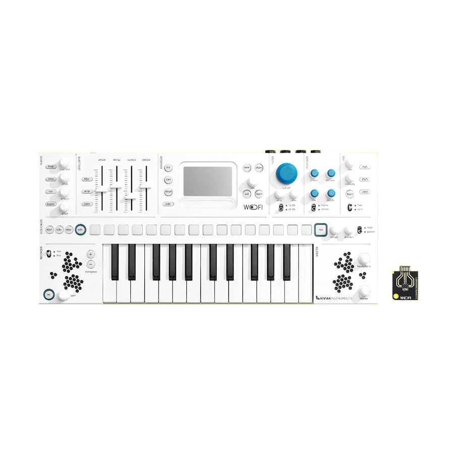 White synthesizer keyboard with blue and white knobs, sliders, buttons, screen, and a small separate circuit board labeled WO FI.