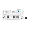 White synthesizer keyboard with blue and white knobs, sliders, buttons, screen, and a small separate circuit board labeled WO FI.