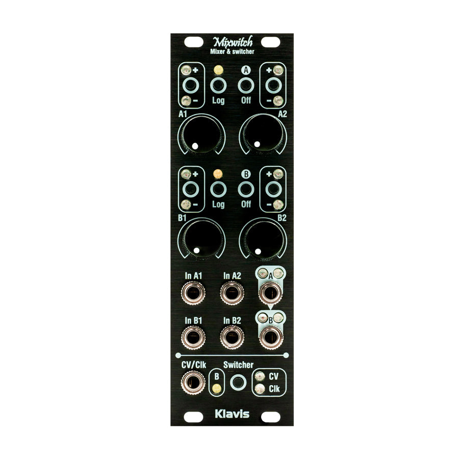 Black Klavis Mixwitch Eurorack module with knobs, switches, and multiple 3.5mm input/output jacks.