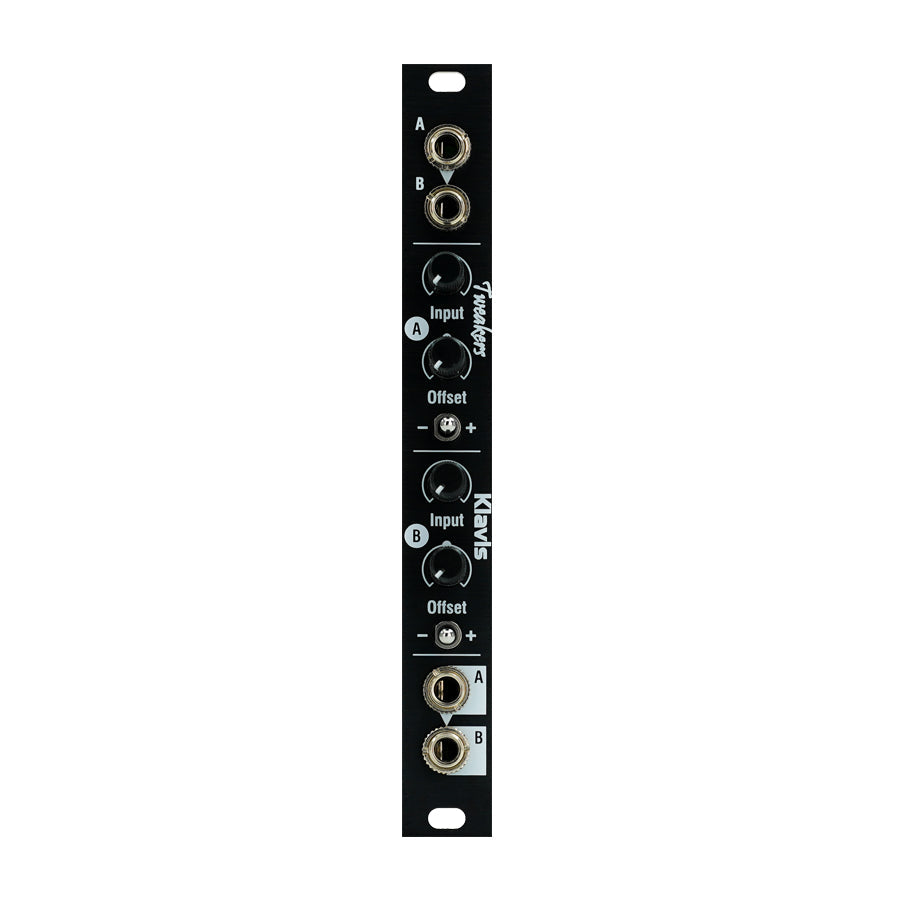Black modular synthesizer panel with knobs, toggle switches, and input/output jacks labeled A and B.