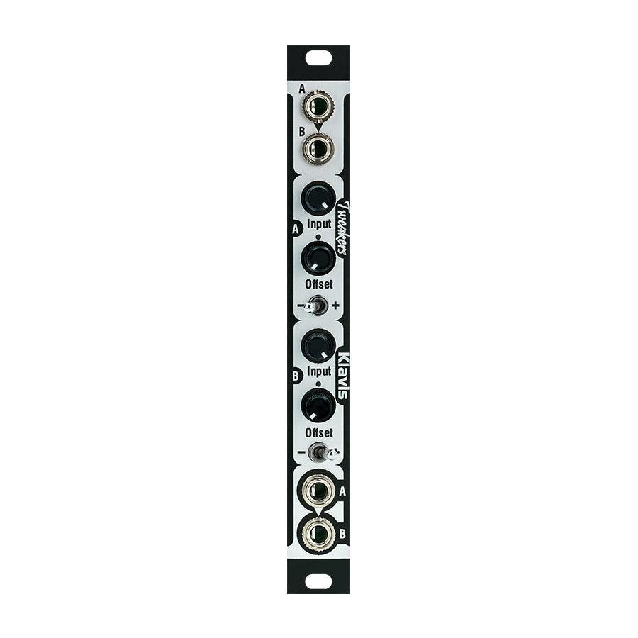 Slim silver and black eurorack module with knobs, toggle switches, and audio jacks labeled A and B.