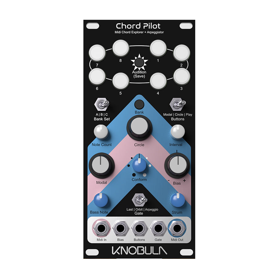 Knobula Chord Pilot eurorack module with multiple knobs, toggle switches, and 1/4 inch jacks for MIDI and control.