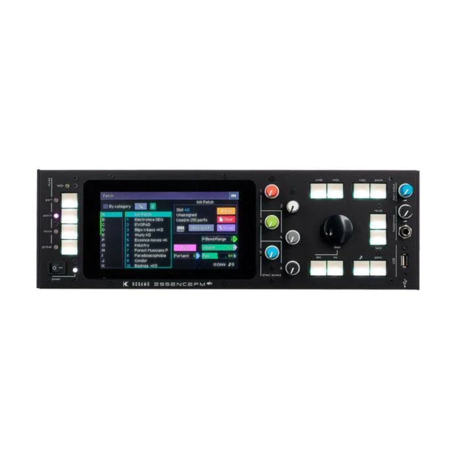 Front view of a Kodamo EssenceFM MKII synthesizer module with screen, knobs, buttons, and USB and headphone jacks.