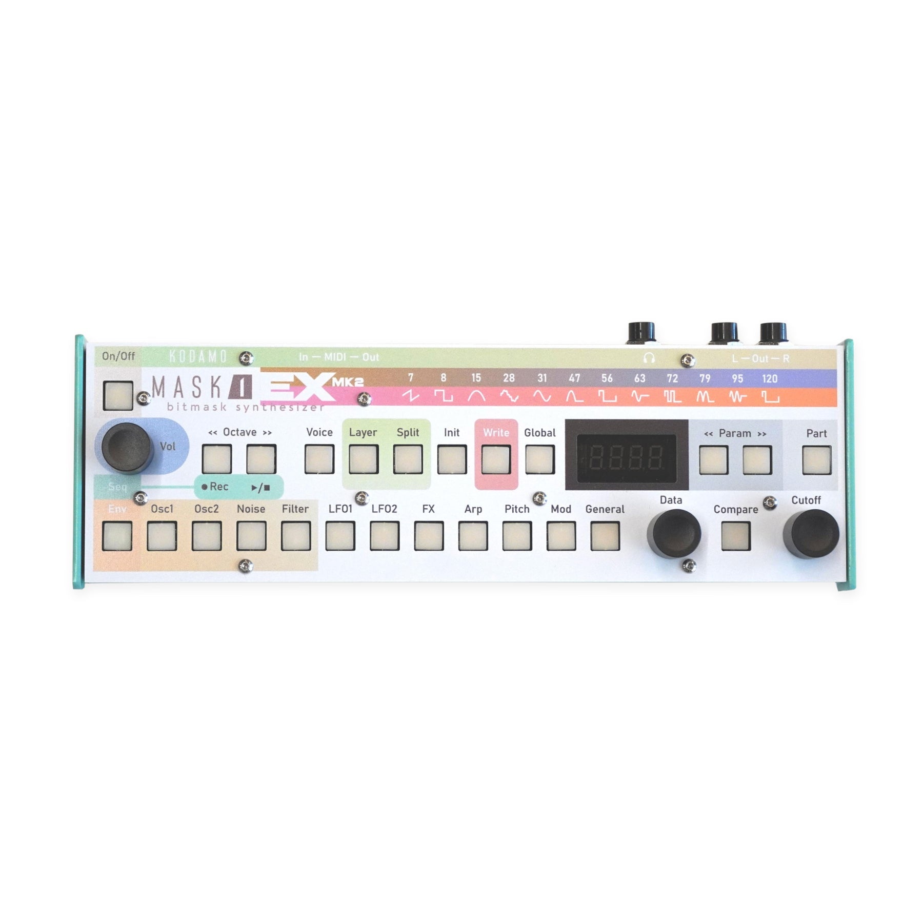 Top view of a Kodamo Mask1 EX MK2 bitmask synthesizer with multiple buttons, knobs, and a small digital display.