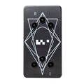 Black rectangular device with five black knobs and white geometric line and square graphics on top surface.