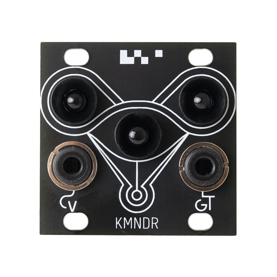 Black square synthesizer module front panel with three joystick controls and two mono jacks labeled V and GT