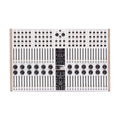 White modular sequencer with knobs, sliders, 1/4 inch jacks, MIDI DIN connectors, and black control panel in center.