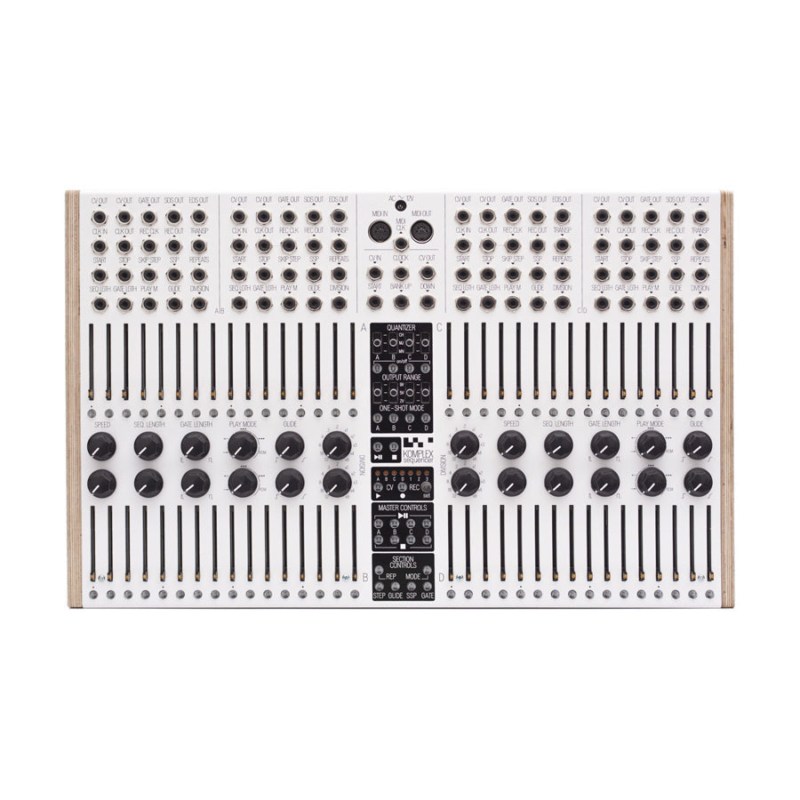 White modular sequencer with knobs, sliders, 1/4 inch jacks, MIDI DIN connectors, and black control panel in center.