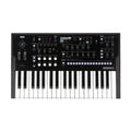 Black synthesizer keyboard with multiple knobs, buttons, keys, and an LCD screen on top panel