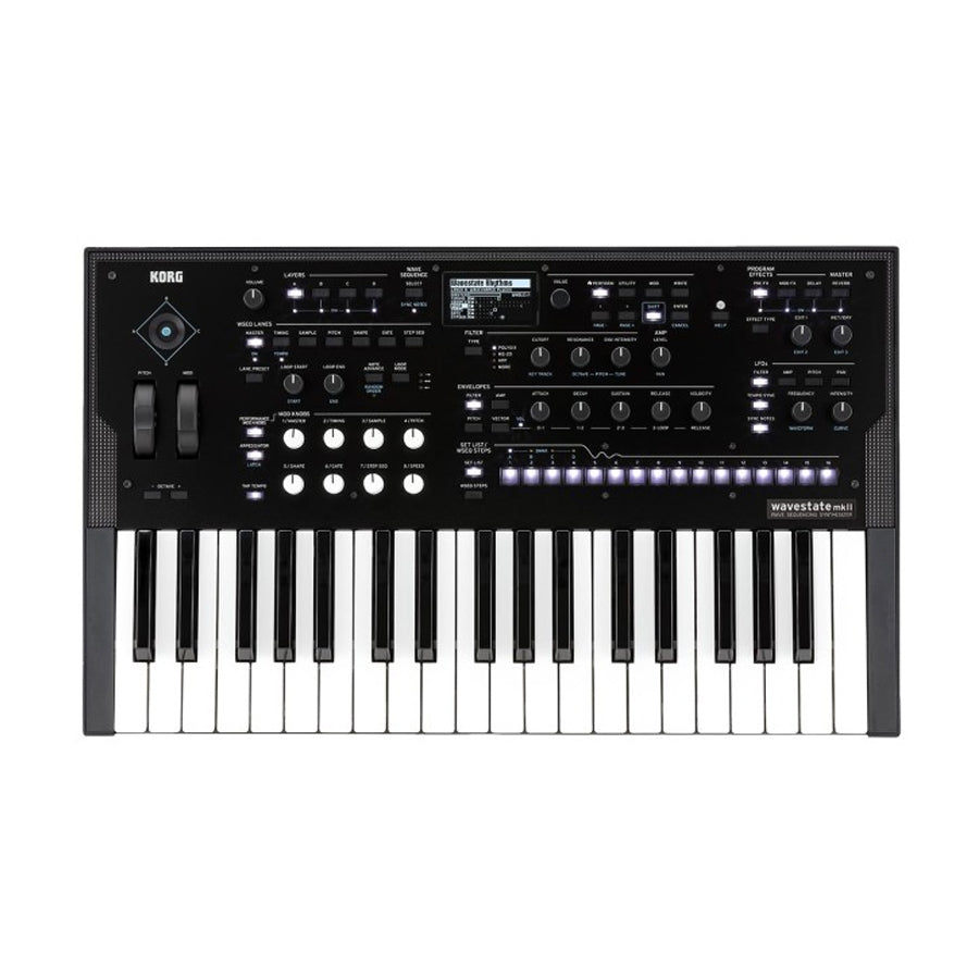 Black synthesizer keyboard with multiple knobs, buttons, keys, and an LCD screen on top panel