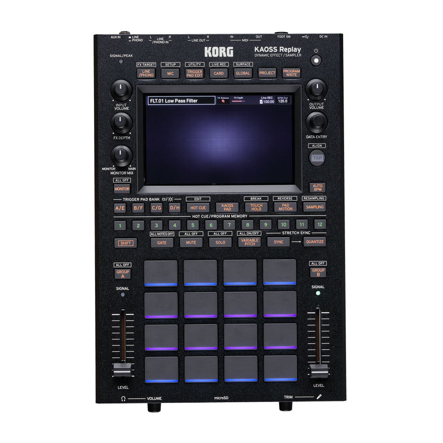 Front view of a black Korg KAOSS Replay sampler with pads, knobs, buttons, and a screen.