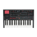 Black keyboard synthesizer with red controls, screen, and white and black keys.
