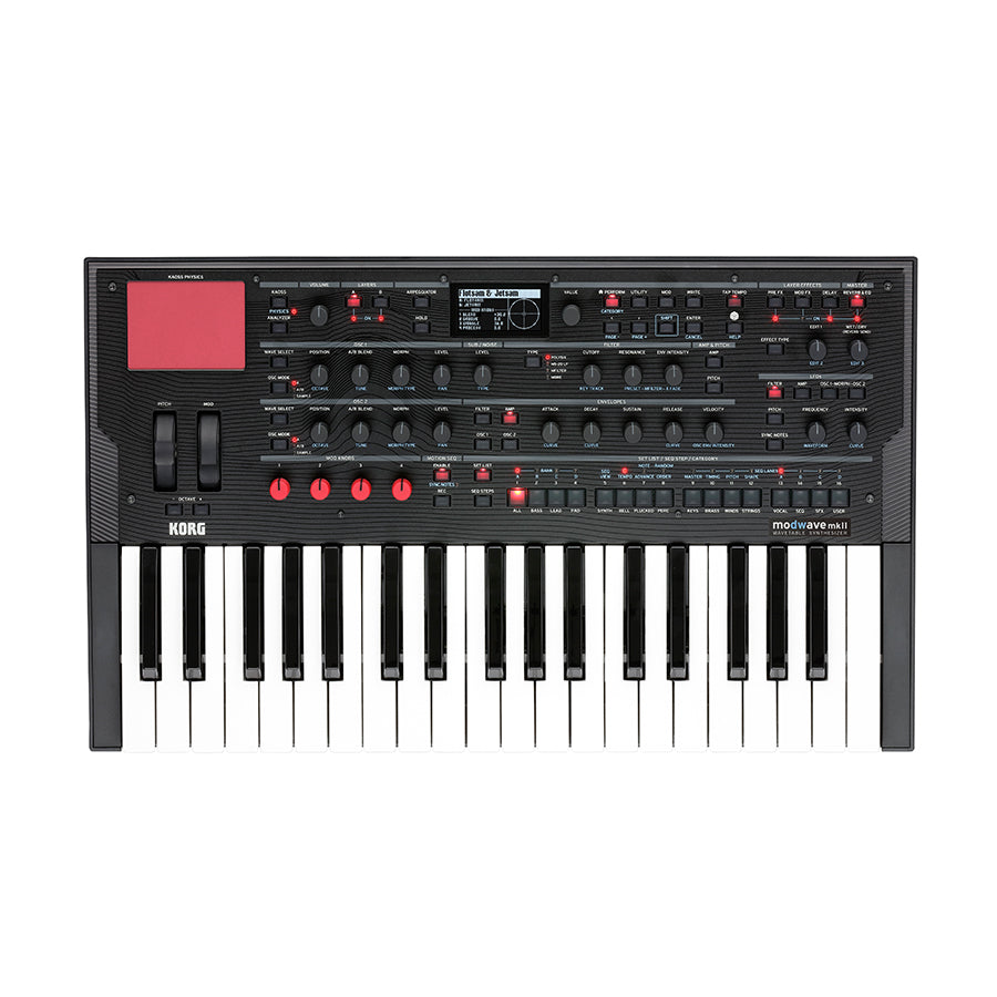 Black keyboard synthesizer with red controls, screen, and white and black keys.