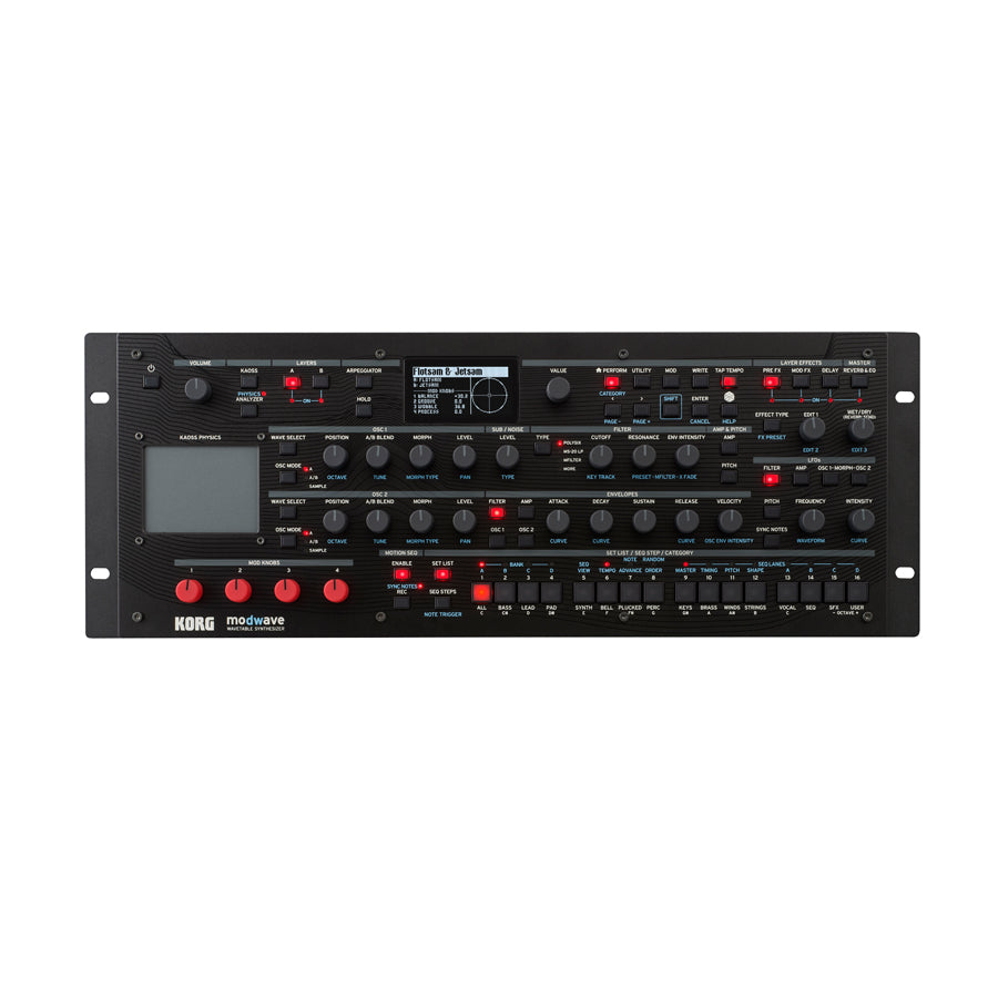 Black rack-mount synthesizer module with knobs, buttons, screen, and labeled controls by Korg.