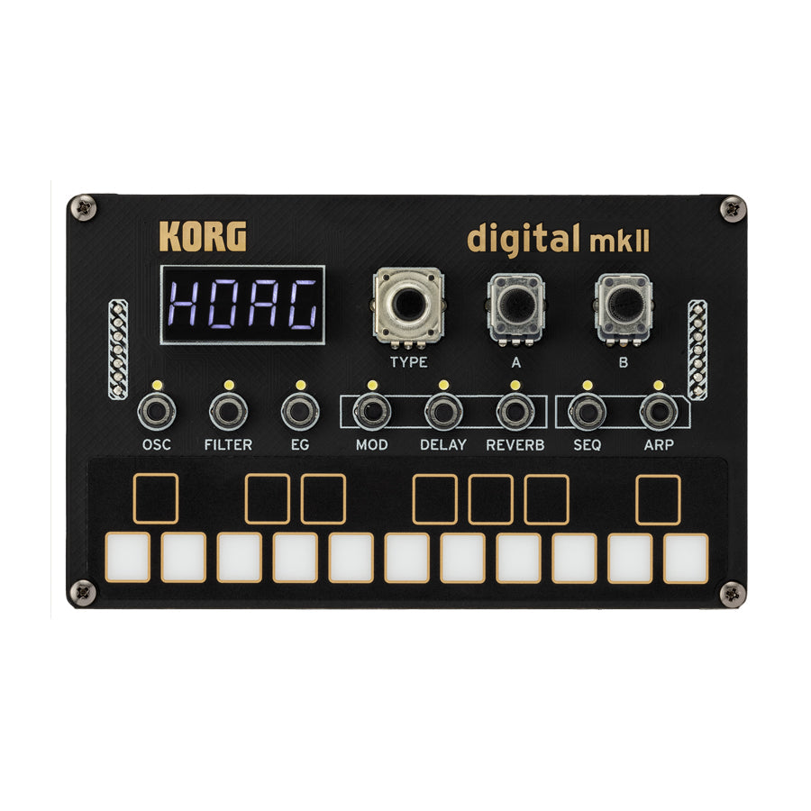 Black Korg digital mkII synthesizer with buttons, rotary controls, display, and pin headers.
