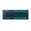 Front view of a blue and black Korg Opsix hardware synthesizer module with knobs, faders, buttons, and a display screen.