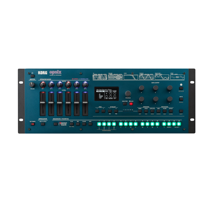 Front view of a blue and black Korg Opsix hardware synthesizer module with knobs, faders, buttons, and a display screen.
