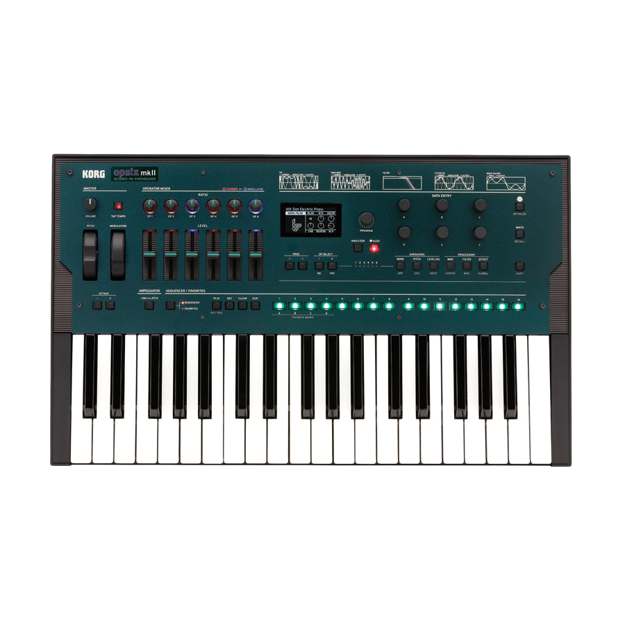 Top view of a black and dark teal keyboard synthesizer with multiple knobs, faders, buttons, and an LED display.
