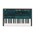 Top view of a black and dark teal keyboard synthesizer with multiple knobs, faders, buttons, and an LED display.