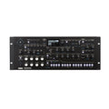 Front view of a black rackmount Korg Wavestate synthesizer module with various knobs, buttons, and a small screen.