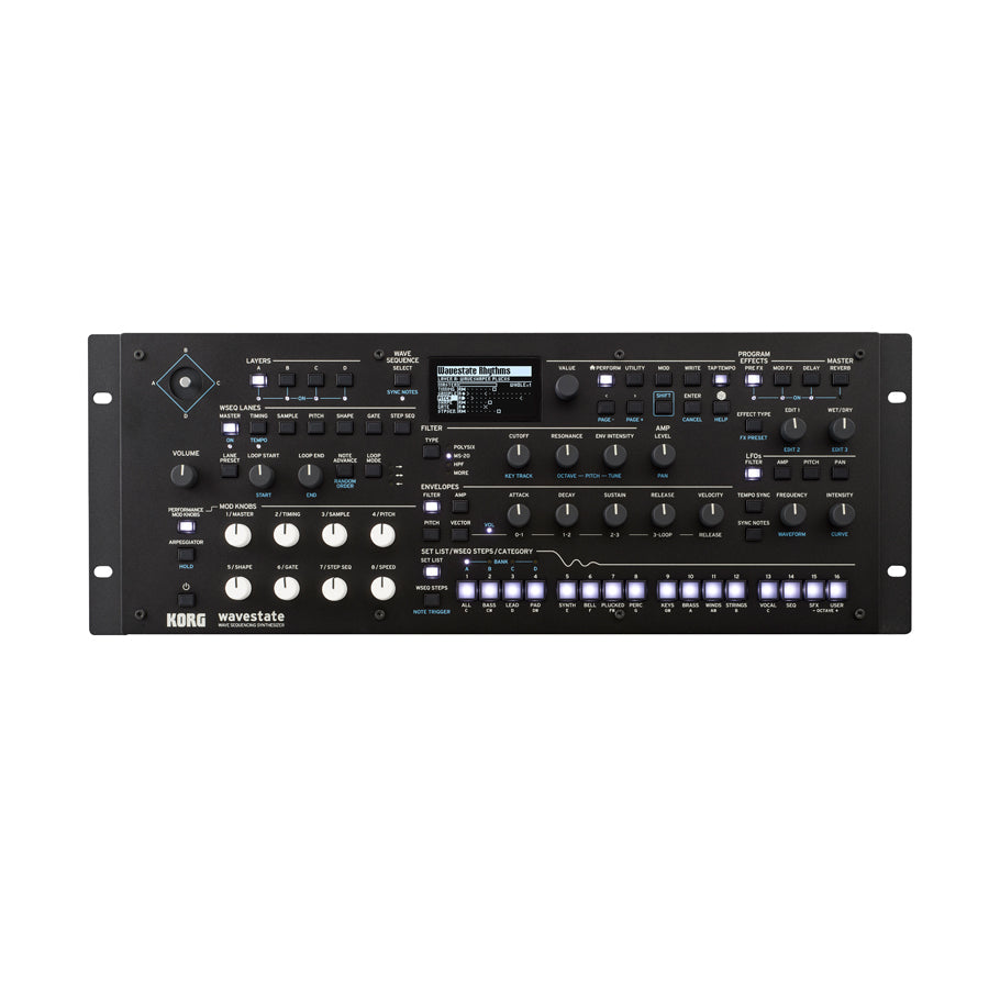 Front view of a black rackmount Korg Wavestate synthesizer module with various knobs, buttons, and a small screen.