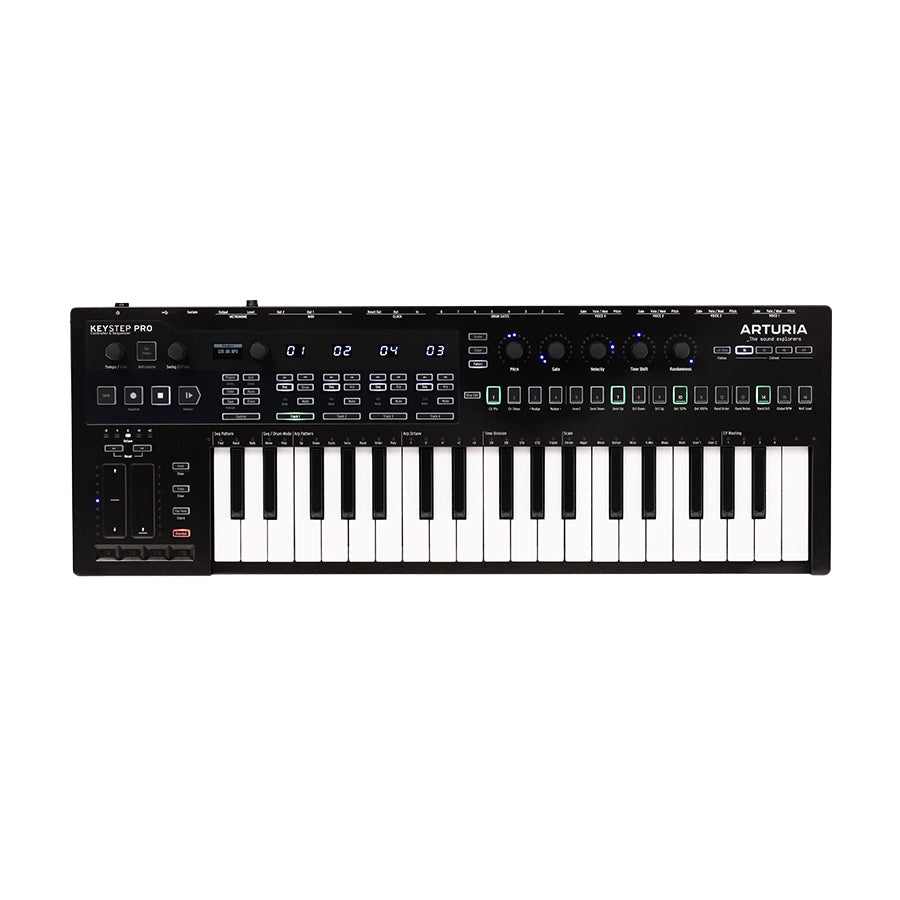 Black keyboard synthesizer with white and black keys, knobs, buttons, and LED indicators on top panel