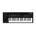 Black keyboard synthesizer with white and black keys, knobs, buttons, and LED indicators on top panel