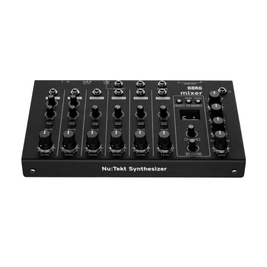 Black audio mixer panel with knobs, mute buttons, and multiple 1/4 inch jacks labeled as stereo inputs and outputs.