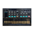 Top view of a black Korg Volca FM digital FM synthesizer with control knobs, buttons, and small keyboard.