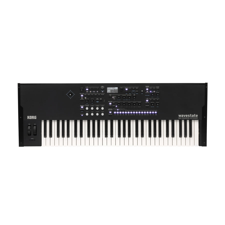Black keyboard synthesizer with multiple knobs, buttons, lit LEDs, and two wheel controllers on the left side.