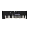 Black keyboard synthesizer with multiple knobs, buttons, lit LEDs, and two wheel controllers on the left side.