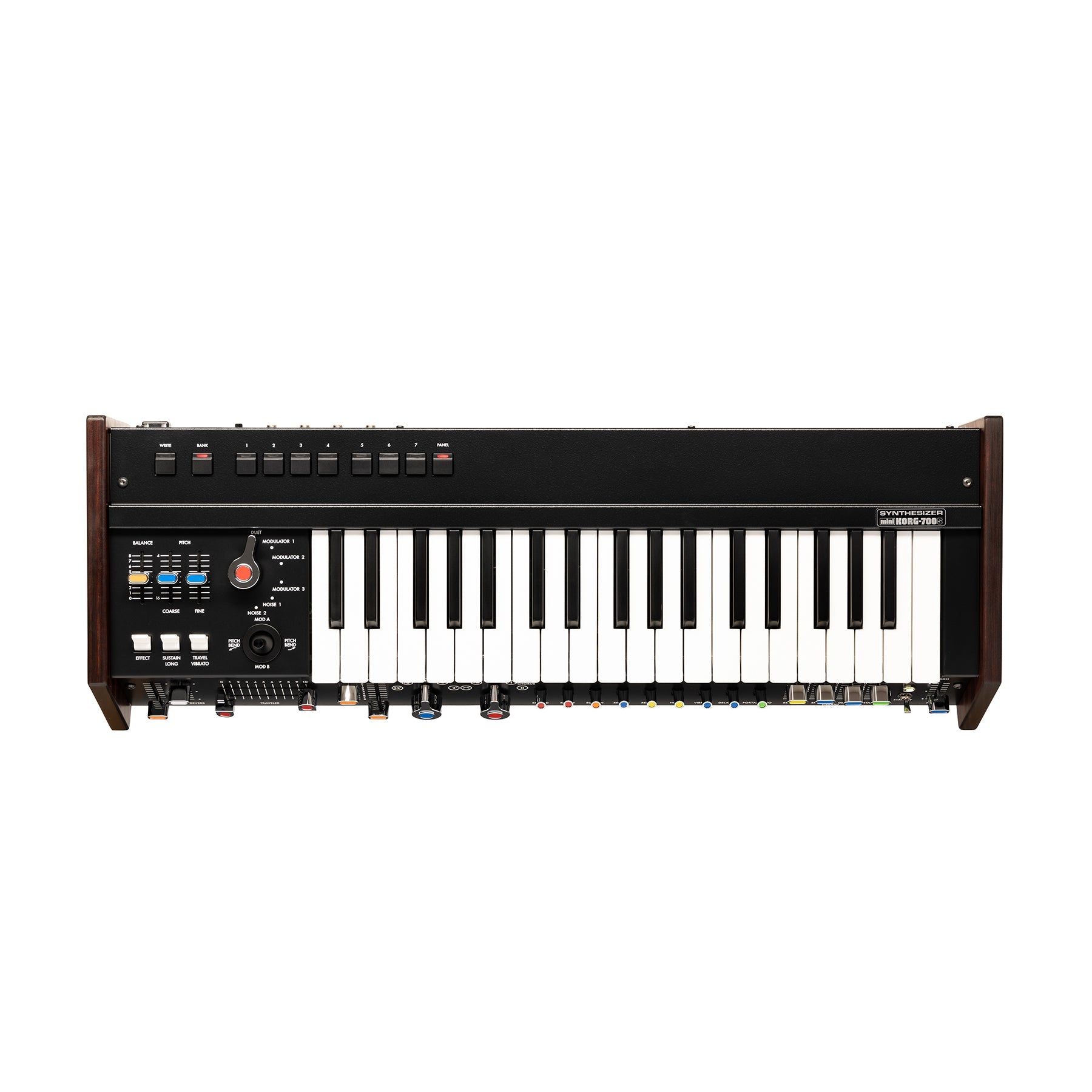 Front view of a black and wooden keyboard synthesizer with white and black keys and various colored controls and buttons