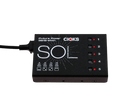 Black rectangular power supply device labeled SOL with dip switches and LED indicators numbered 1 to 5.