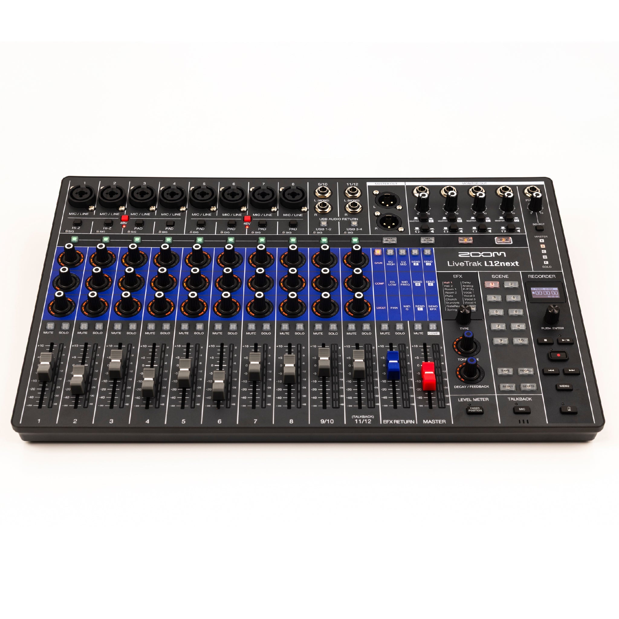 Top view of a digital audio mixer with multiple combo inputs, knobs, faders, buttons, and a small display.