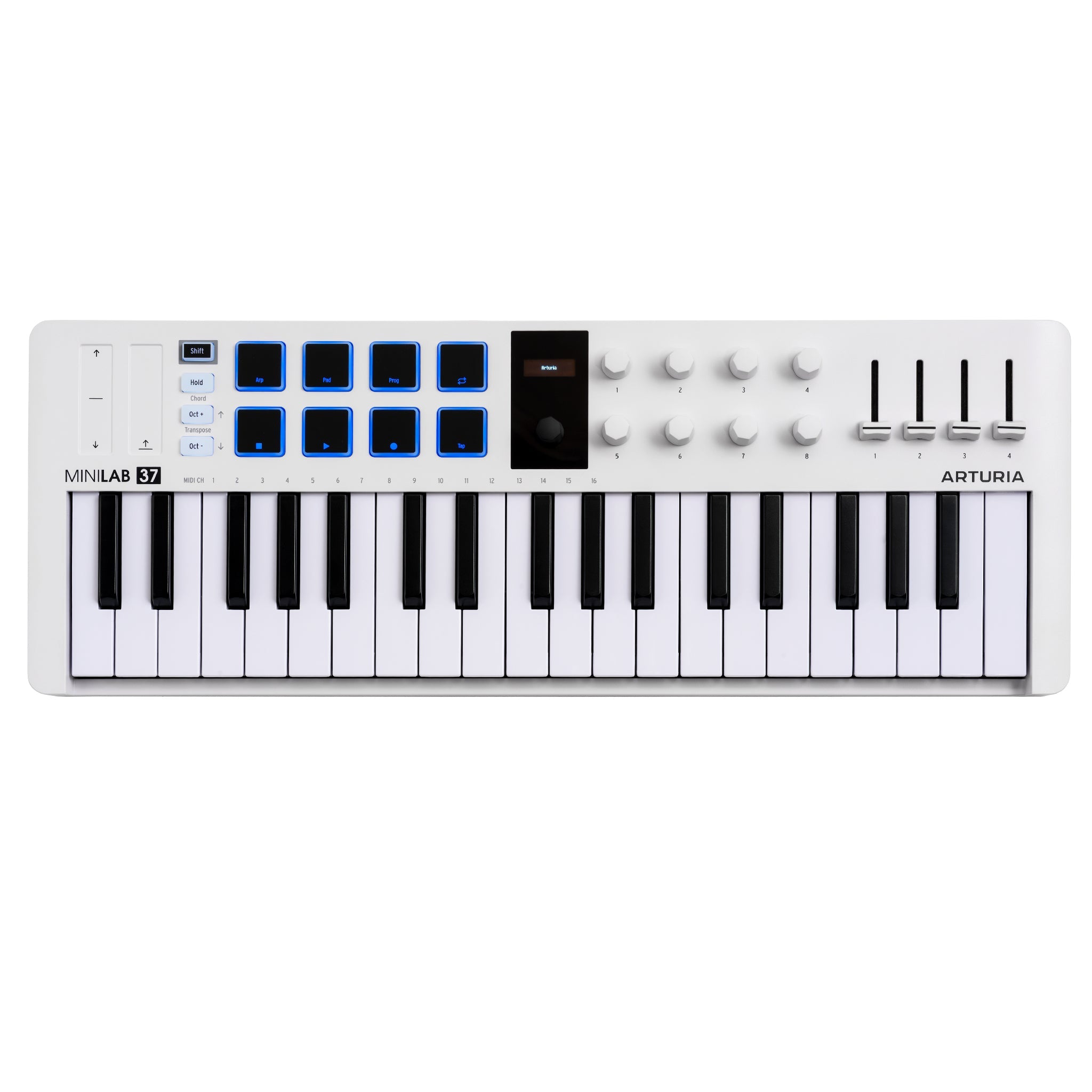 White MIDI controller keyboard with 37 keys, pads, knobs, sliders, and a small screen, labeled MiniLab 37 by Arturia.
