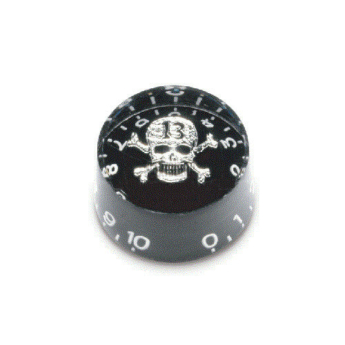 Black circular knob with white skull and crossbones design and white numbers from 0 to 10 around the edge.