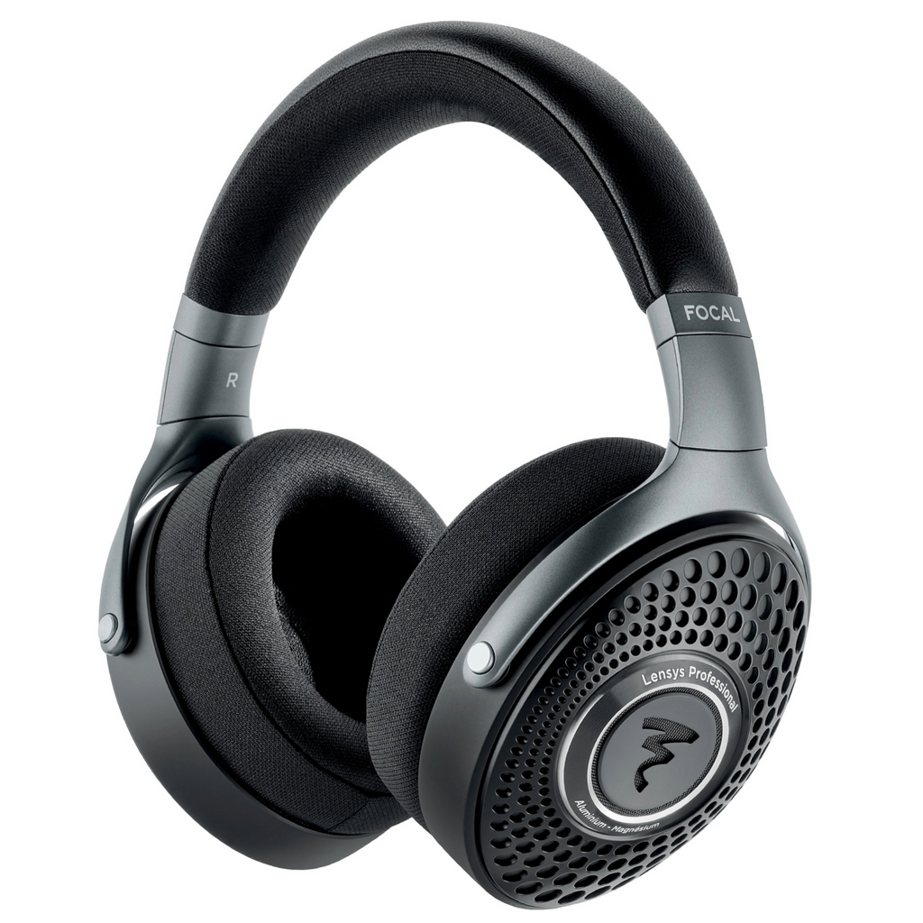 Black and gray over-ear headphones with fabric ear cushions and perforated circular metal ear cups.