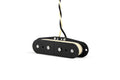Black split-coil electric guitar pickup with two wire leads on a white background.