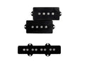 Three black guitar pickups with metal pole pieces arranged in two rows and one single row.