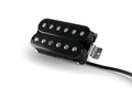 Black dual-coil guitar pickup with six metal pole pieces and attached black wire on white background.