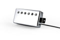 Chrome metallic guitar pickup with six visible pole screws and attached braided cable on a white background.