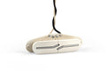 Parchment-colored guitar pickup with split blade pole pieces and two attached wires on a white background.