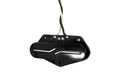 Black guitar pickup with two silver split blade poles and attached twisted black and white wires.