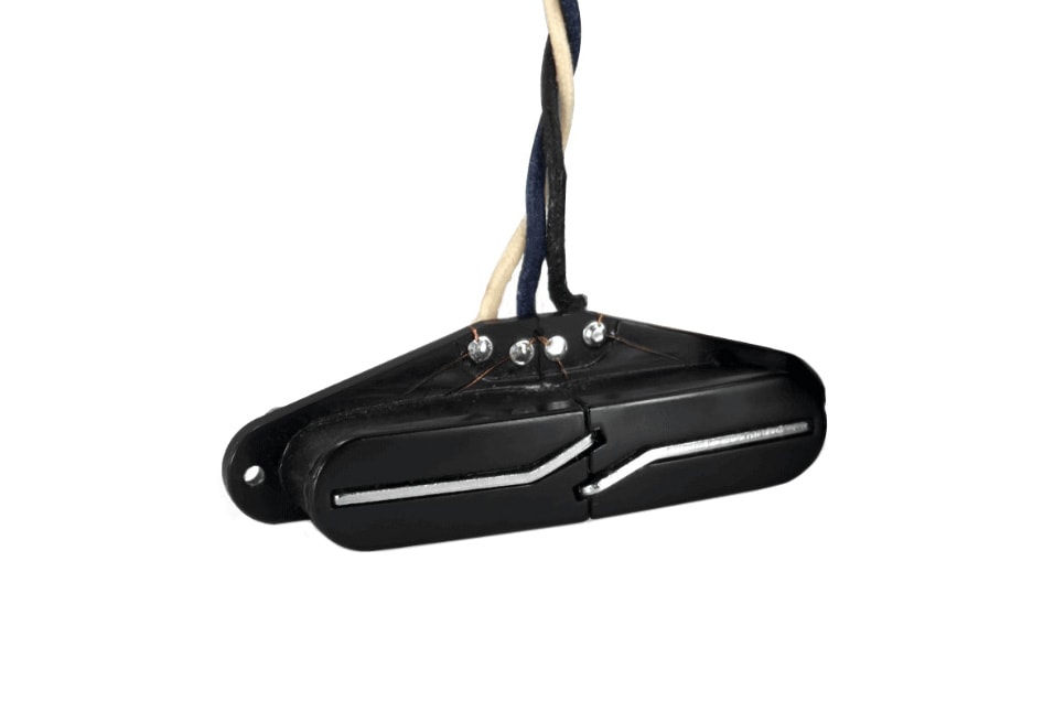 Black split blade guitar pickup with three attached wires in black, blue, and white.