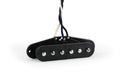 Black split steel pole guitar pickup with six adjustable pole screws and attached wires.
