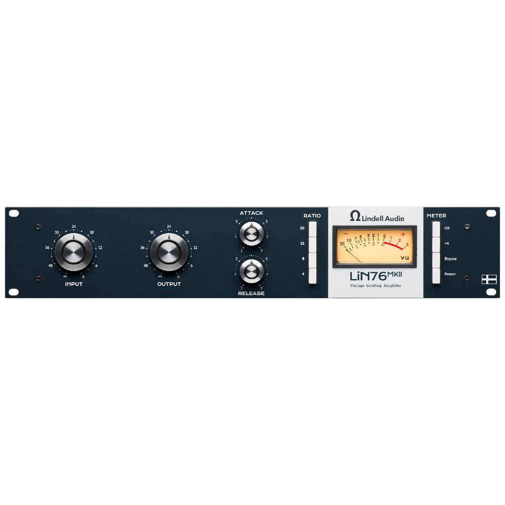 Front panel of a Lindell Audio LIN76 MKII vintage style compressor with knobs, switches, and a VU meter.